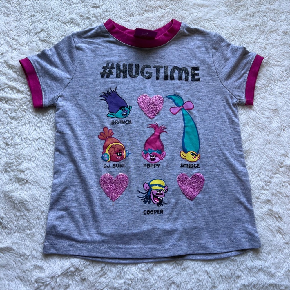 DreamWorks Trolls Girls Gray Pink #HUGTIME Poppy Branch Graphic Tee Shirt Size 5